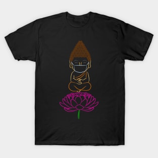 Adorable Buddha wearing a protective mask against Coronavirus while meditating on a Lotus flower T-Shirt